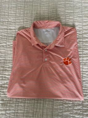 Clemson University Orange & White Striped Polo Golf shirt with Orange Paw Patch